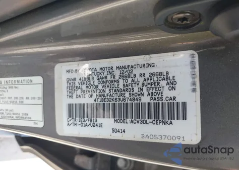 2003 Toyota Camry Le from USA, damaged, VIN 4T1BE32K63U674849